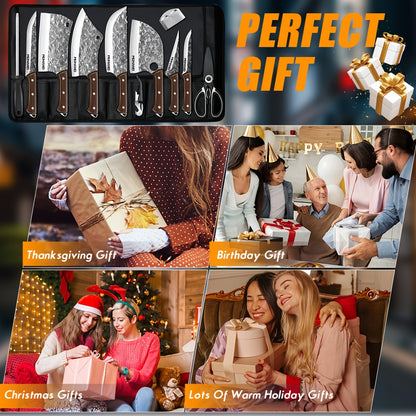 Professional 14pcs Kitchen Chef Knife Set Includes Roll Bag 3-7 Inch, Butcher, Cleaver, Boning, Utility, Splitting Knives for Meat Cutting Fruit Vegetable, High Carbon Stainless Steel Ultra Sharp, with Ergonomic Wood Handle,