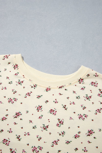 Beige Floral Print Colorblock Cuffs Hem Plus Size Blouse
