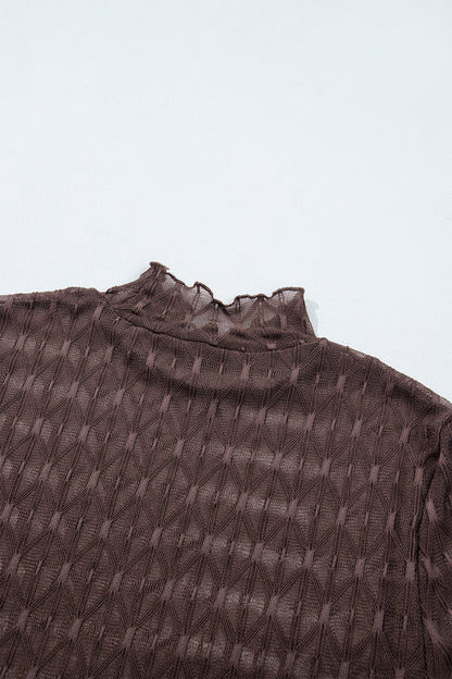 Chicory Coffee Sheer Textured Lace Stand Neck Long Sleeve Top