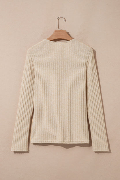 Apricot Solid Color Ribbed Knit Cowl Neck Long Sleeve Top