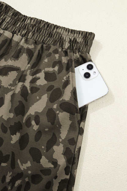 Brown Leopard Print Crew Neck Short Set