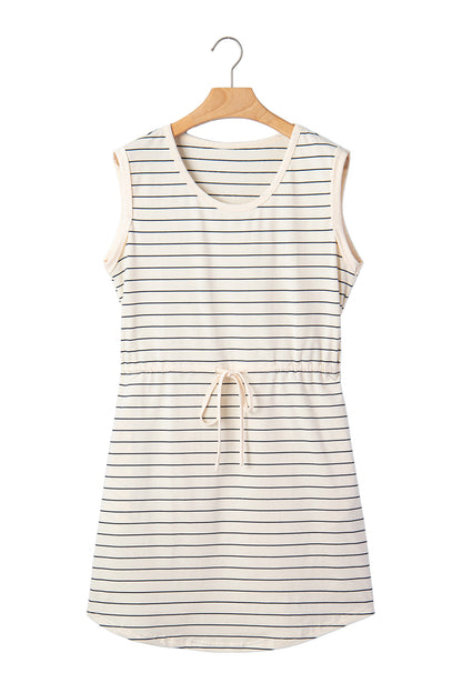 Beige Stripe Drawstring Tunic Tank Mini Dress with Pockets