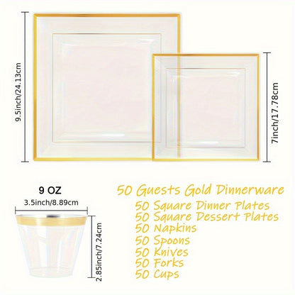 350pcs, Tableware Set, Golden Party Supplies, Plastic Dinnerware Set, Including Napkins, Cups. Plates, Spoon, Forks, Knives, Serve 50 Guests For Birthday And Party