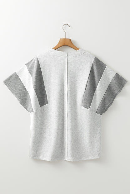Dearlovers Light Grey Two Tone Contrast Waffle Knit Patched Buttoned V Neck Top