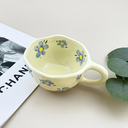 Ceramic Coffee Cups | Hand Pinched Irregular Flower Milk Tea Cup, Korean Style Oatmeal Breakfast Mug, Insulated, Reusable Drinkware for Adults
