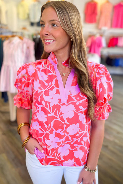 Red Floral Split V Neck Ruffled Short Sleeve Blouse Top