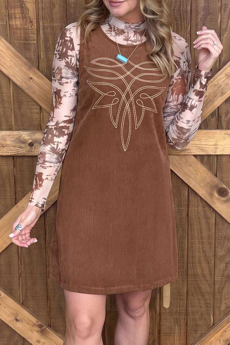 Coffee Geometric Embroidery Sleeveless Corduroy Shift Dress