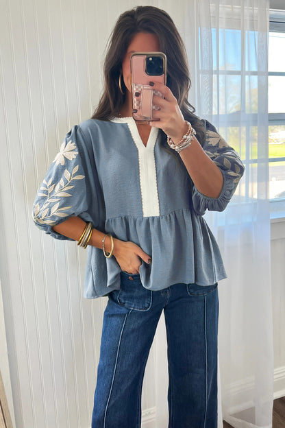 Myosotis Color Block Patchwork V Neck Embroidered Puff Sleeve Babydoll Blouse