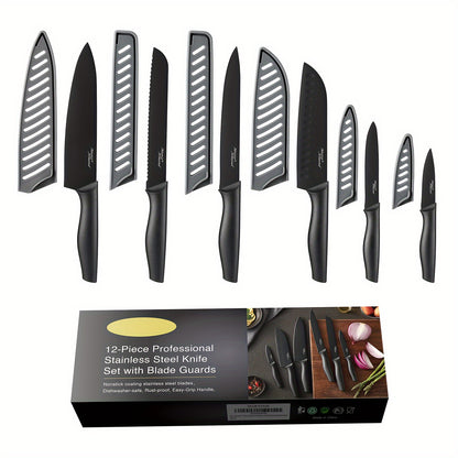 6pcs/set, TEA38 Non-Stick Coated High Carbon Stainless Steel Black Kitchen Knives Set With Sheath, Dishwasher Safe