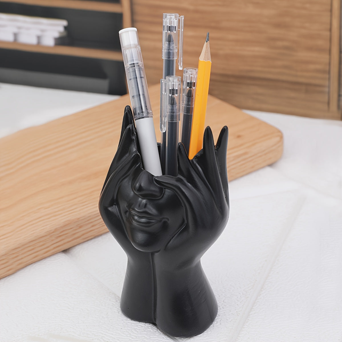 1pc Resin Art Pen Holder in Face-Holding Design - Elegant Home Decor Accent, Available in White, Golden, and Black - Perfect for Organizing Writing Instruments, Pens for Writing