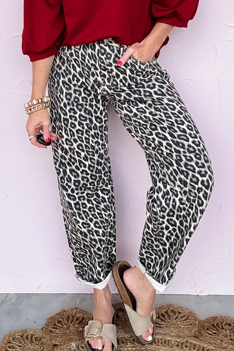 Black Leopard Print Barrel Jeans