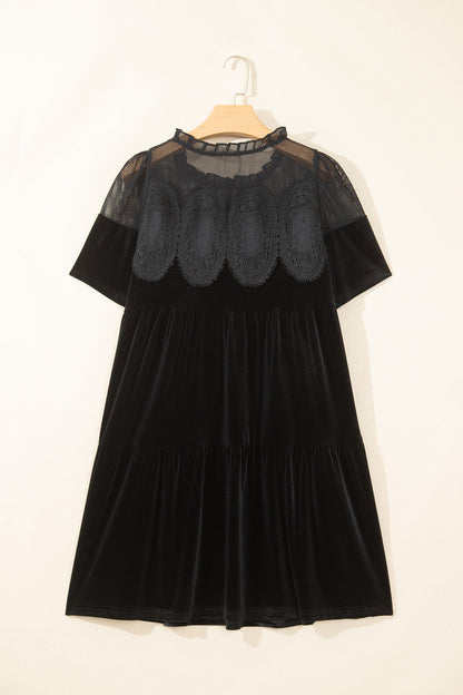 Black Embroidered Velvet Short Sleeve Mini Shift Dress