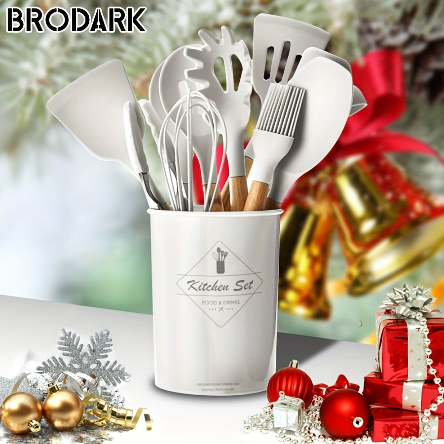 12pcs/set, Brodark, Silicone Cooking Utensils Set With Wooden Handle, Colorful Non-stick Pot Special Cooking Tools Set, Heat Resistant Turner, Tongs, Spatula, Spoon, Oil Brush And Whisk, Kitchen Supplies, Suitable For Restaur