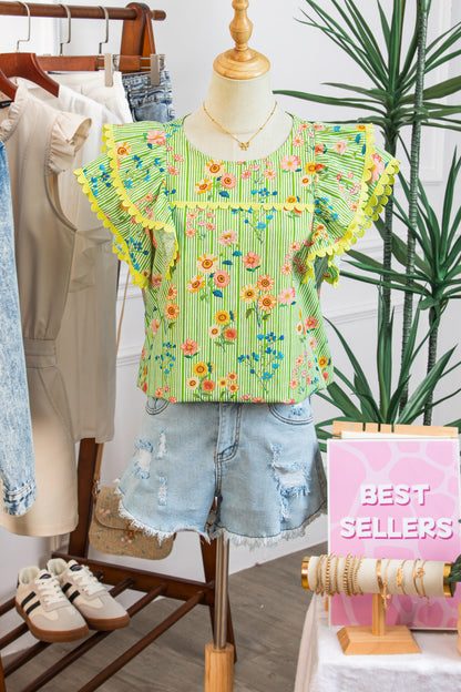 Green Stripe Floral Printed Scalloped Detail Ruffle Short Sleeve Blouse