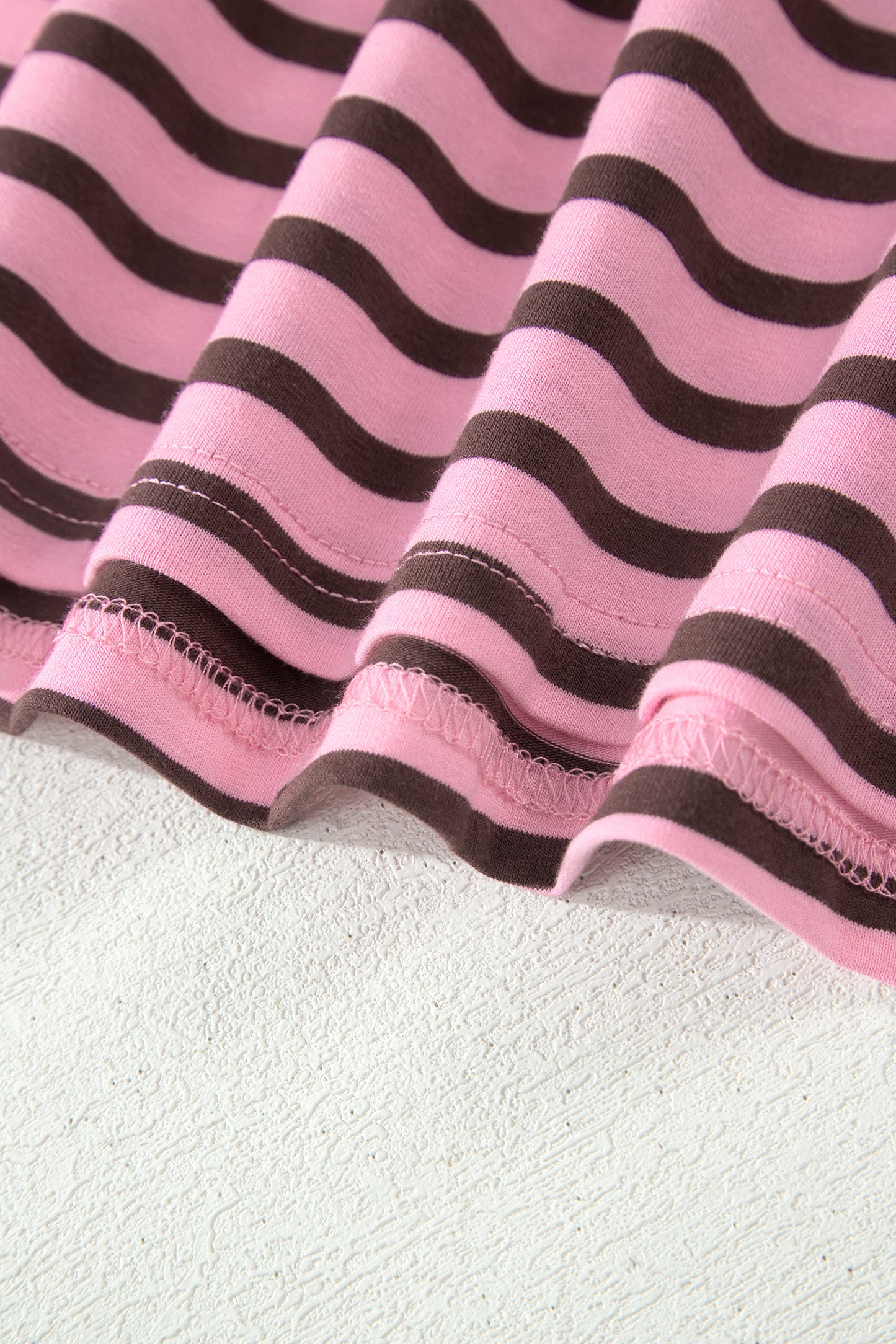Rose Stripe Striped V-Neck Ribbed Collar Cuff Gathering Puff Sleeve Top