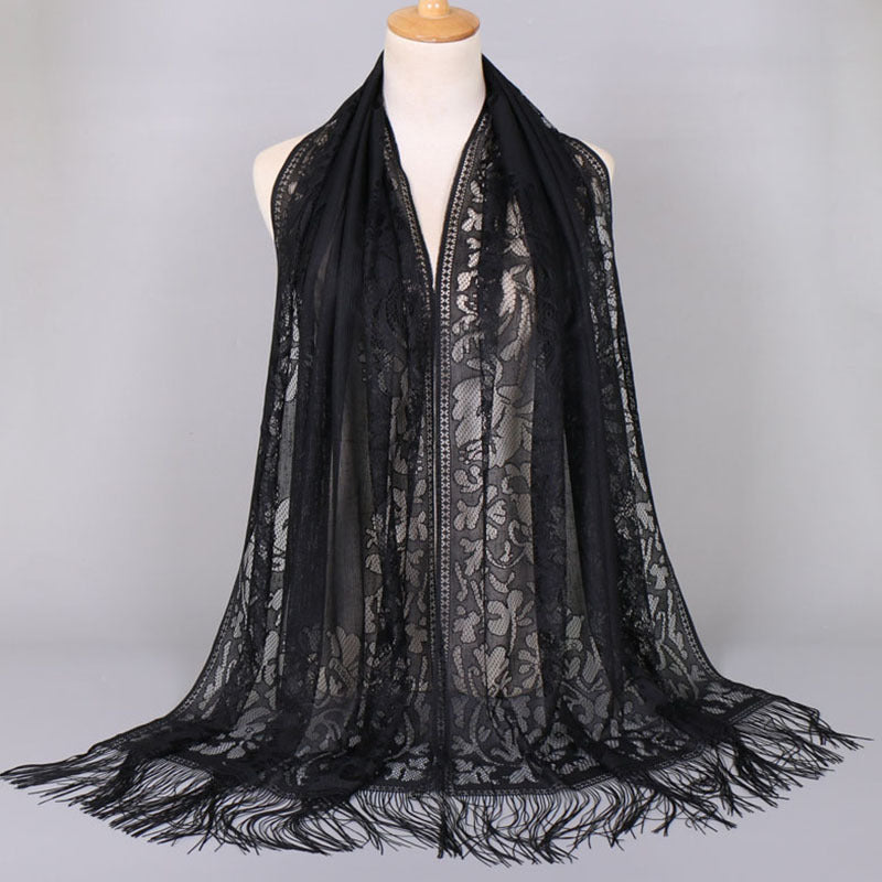 [Floral Lace Scarf With Tassels] Ladies Women's Floral Lace Scarf Shawl With Tassels, Soft Mesh Fringe Wraps Bridal Shawl For Wedding Evening Party Dresses