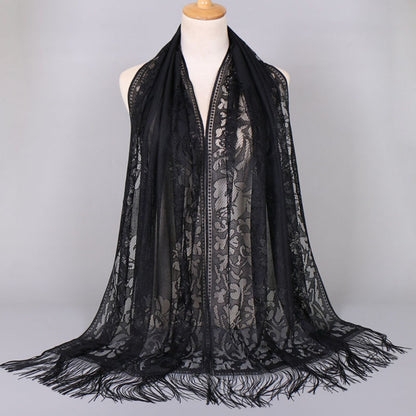 [Floral Lace Scarf With Tassels] Ladies Women's Floral Lace Scarf Shawl With Tassels, Soft Mesh Fringe Wraps Bridal Shawl For Wedding Evening Party Dresses