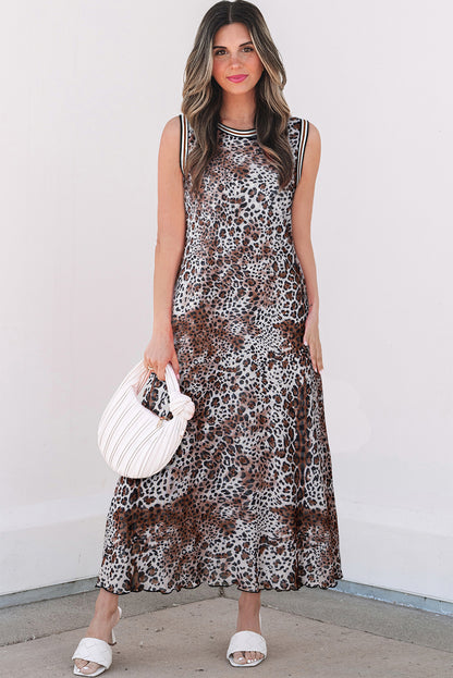 Multicolour Leopard Checkered Double Printed Reversible Sleeveless Long Dress