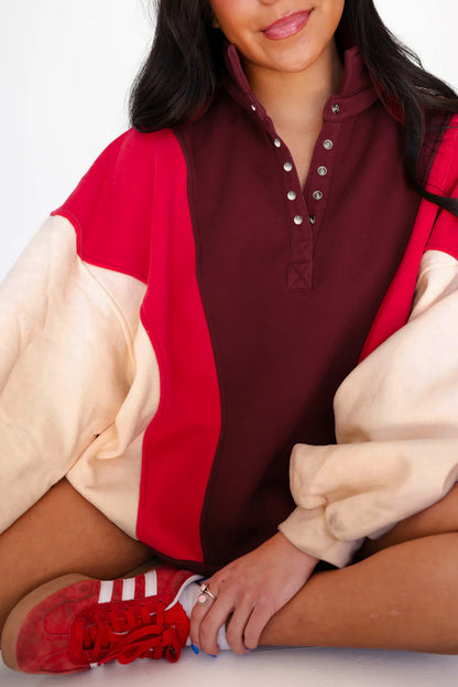 Fiery Red Color Block Patchwork Snap Button Polo Sweatshirt