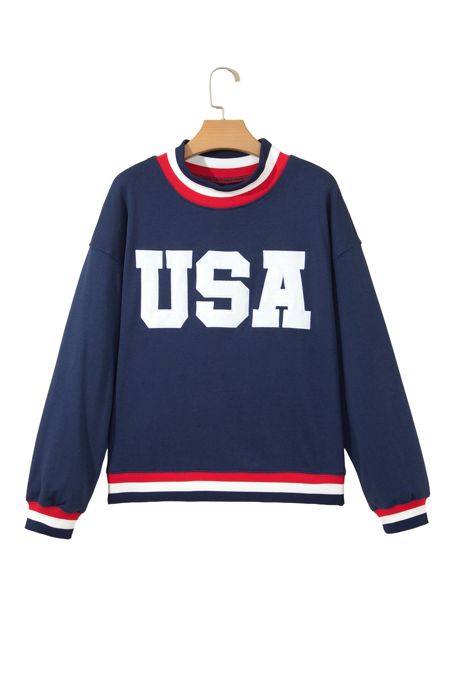 Dirty blue USA Slogan Patch Embroidery Colorblock High Neck Long Sleeve Sweatshirt