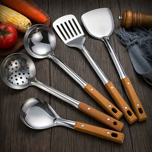 5pcs Stainless Steel Kitchen Utensil Set with Wooden Handles - Durable Metal Cooking Tools Including Slotted Turner, Solid & Slotted Spoons, Rice Paddle - Non-Electric, Rust-Resistant Cookware Accessories