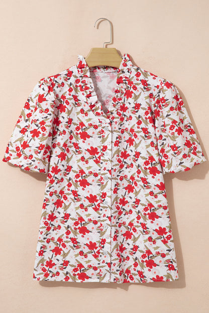 Red Floral Print Short Puff Sleeve Button Front Shirt