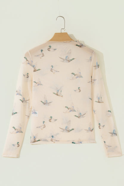 Beige High Neck Western Print Mesh Sheer Long Sleeve Top
