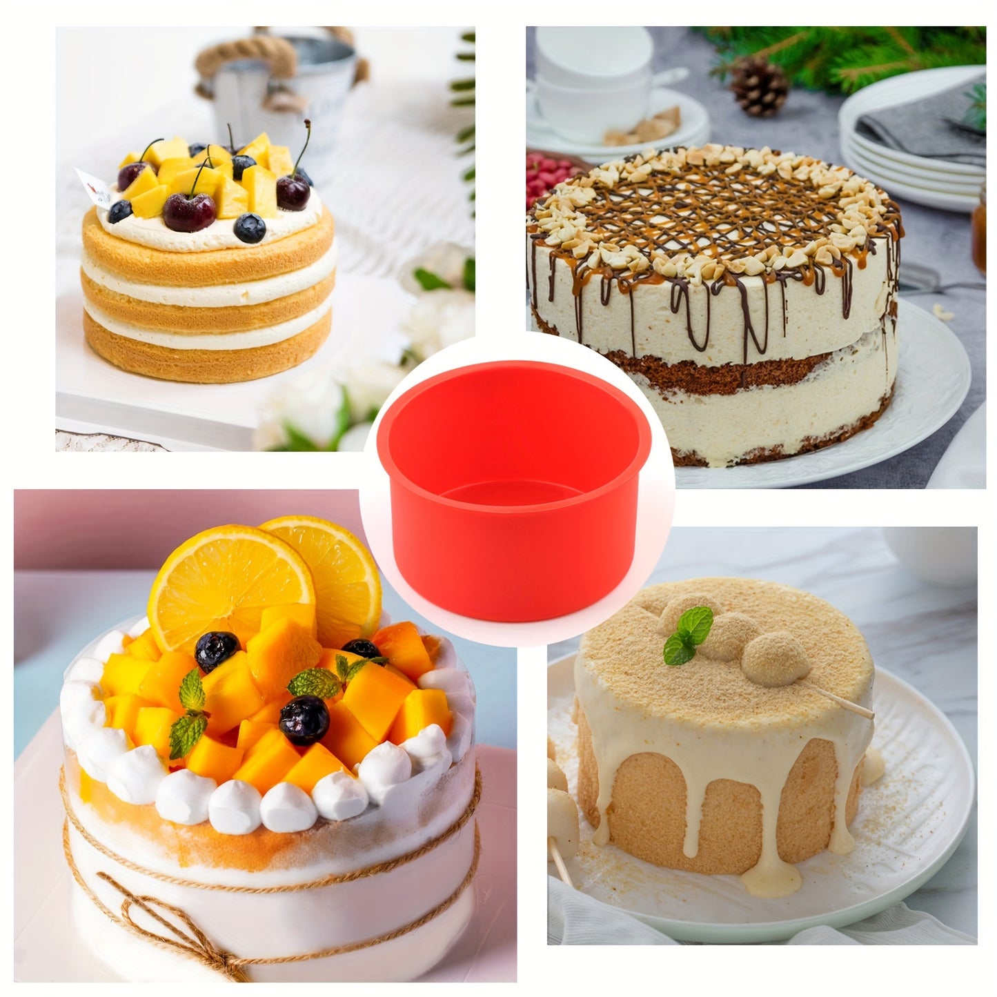 9pcs Silicone Mini Cake Molds Set, 4 Inch Red Round Baking Pan Non-Stick Silicone Baking Molds Bakeware Pan Reusable Cake Pans for Chiffon Mousse, Cupcake, Layer Cake, Cheese Cake, Rainbow Cake