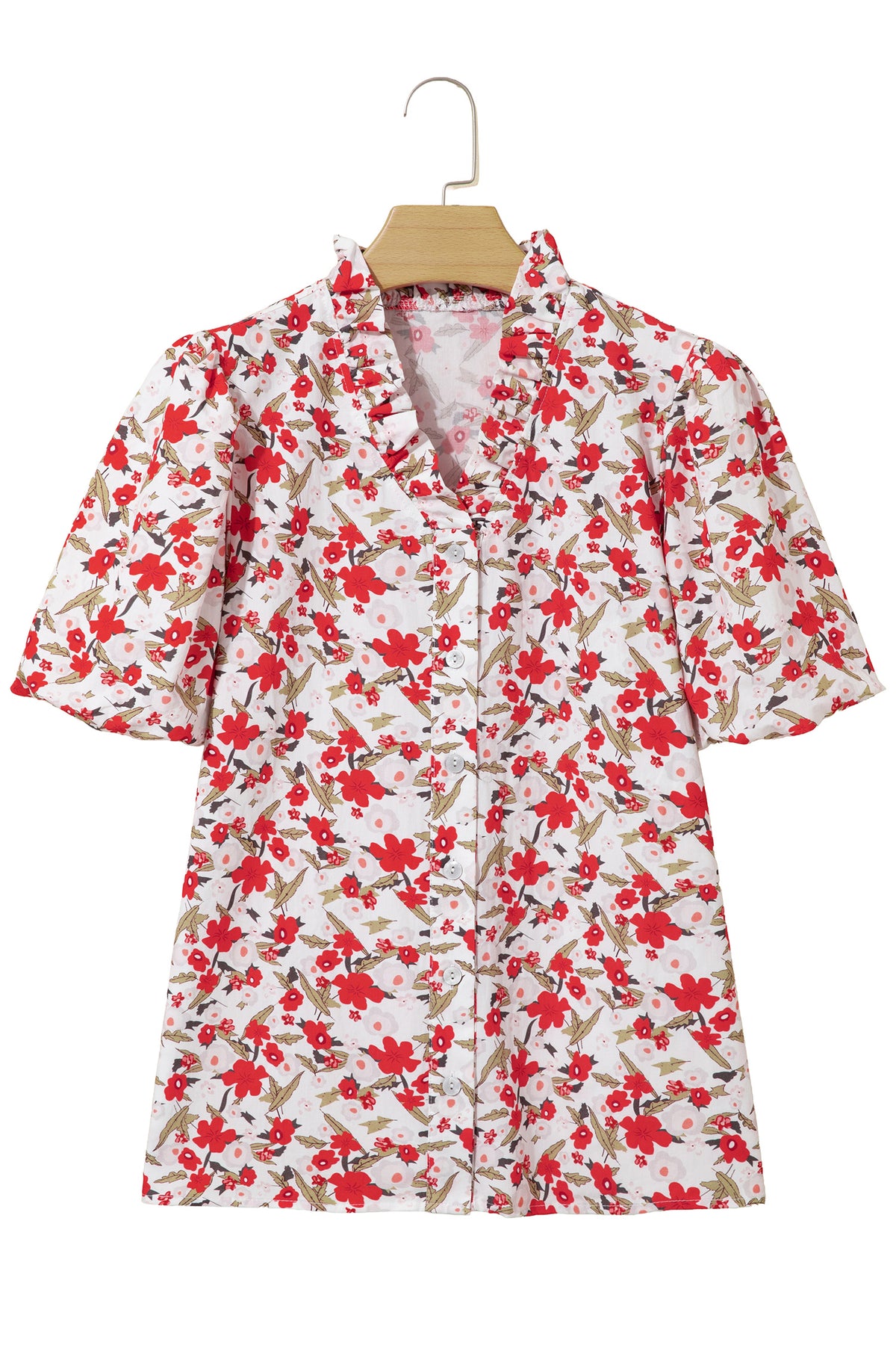 Red Floral Print Short Puff Sleeve Button Front Shirt