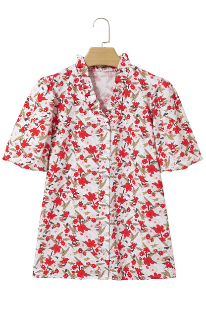Red Floral Print Short Puff Sleeve Button Front Shirt