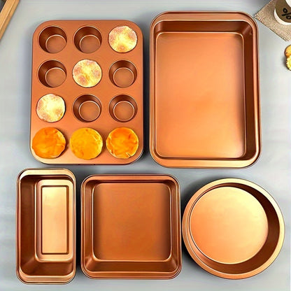 5pcs/set, Nonstick Bakeware Set, Baking Pans Set With Round Cake Pan, Square Cake Pan, Loaf Pan, Muffin Pan & Roasting Pan, Baking Sheet Set Dishwasher Safe Easy Clean For Oven Safe