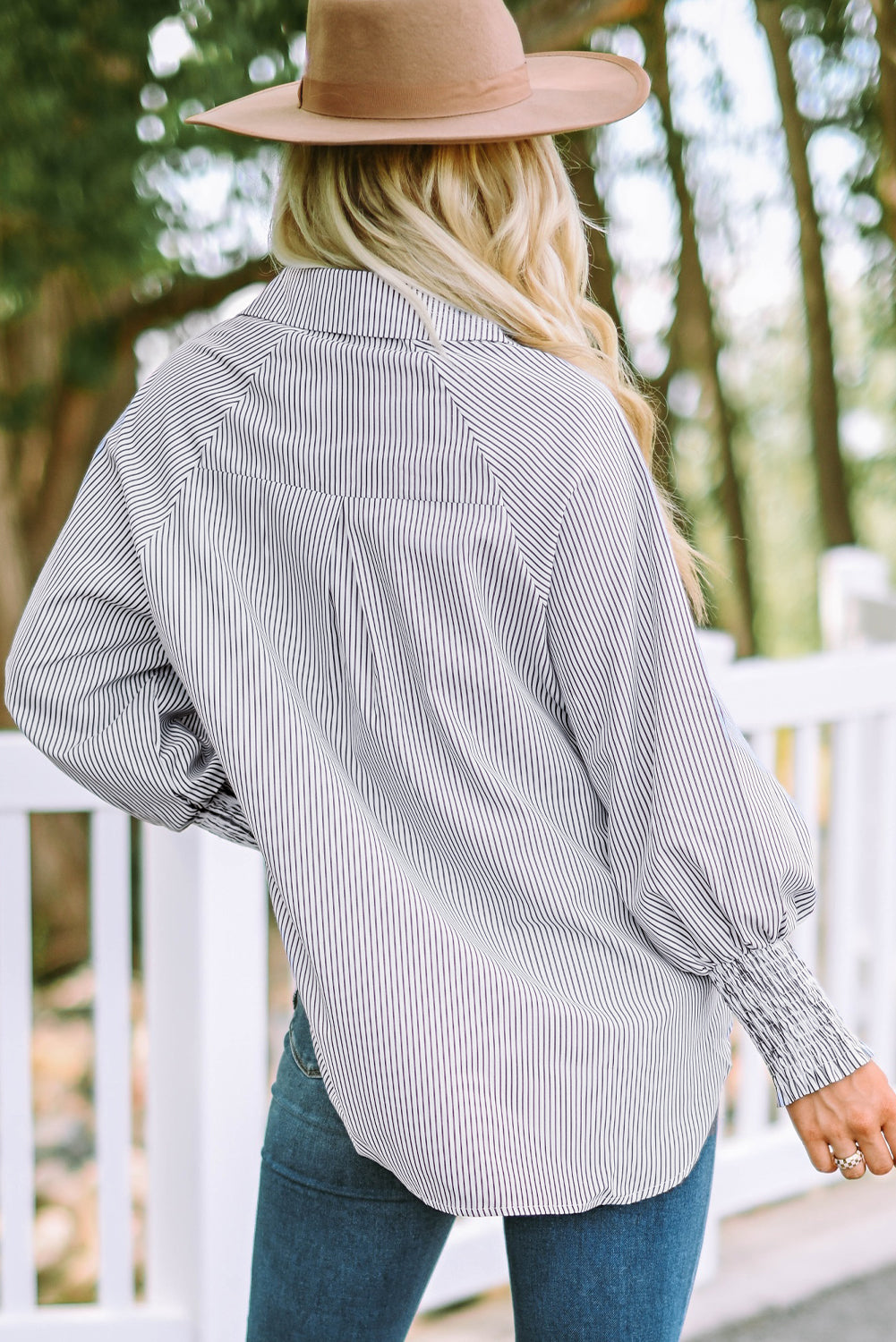 Pink Smocked Cuffed Striped Boyfriend Shirt with Pocket