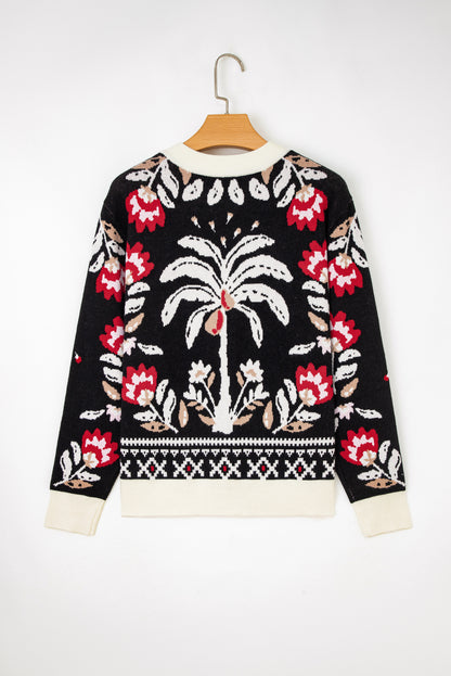 Beige Floral Print Buttoned Front V Neck Knit Cardigan