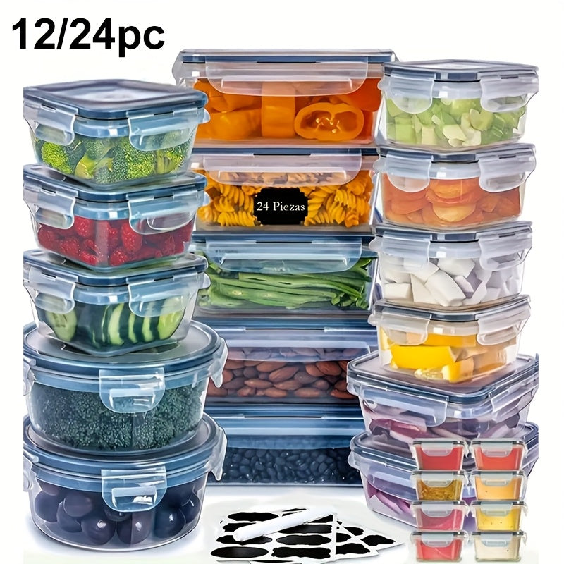 12/24pcs Transparent Kitchen Storage Container Set | Microwave Safe, Multipurpose Plastic Meal Prep Boxes with Flip-Top Lids + 24 Chalkboard Labels - Ideal for Vegetables, Fruits, Grains & More, Leak Proof