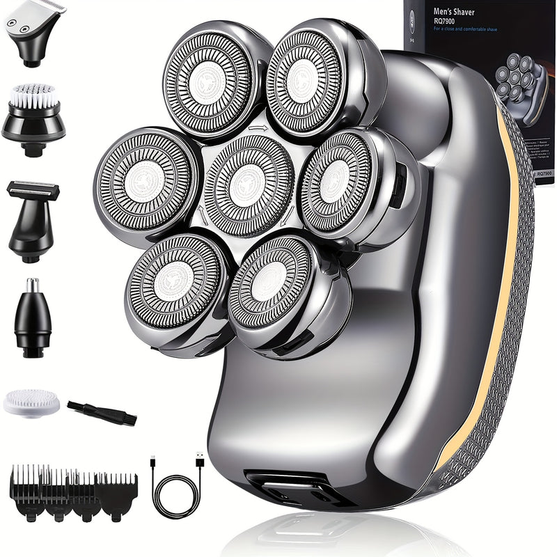 Men'S Electric Head Shaver Razor - Rechargeable Cordless Hair Shaving Razors for Bald Man 6in 1 Wet Dry Beard Trimmer Body Hair Cutting Clipper Grooming Kit 7 Rotary Heads (Gray), USB Charging, Lithium Battery, 6-in-1 Multi-F