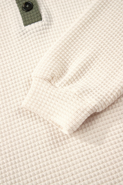 White Waffle Contrast Half Buttoned Hooded Pullover Top