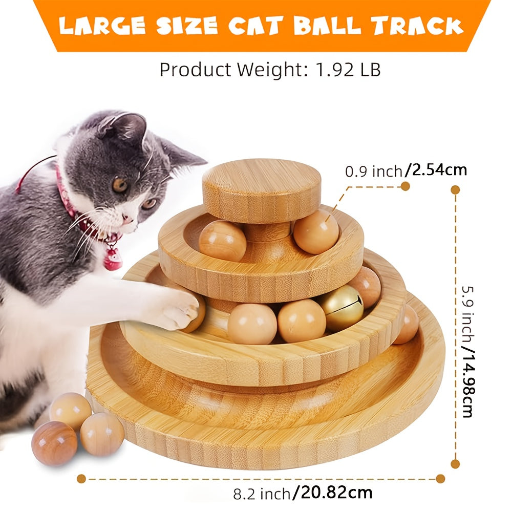 [Interactive Cat Ball Track] 3 Layer Tower Interactive Cat Ball Track | Natural Bamboo Wood with 9 Detachable Balls, Teasing Stick, DIY Circle Toys - Suitable for Kitten's Self-Hi, Boredom, Exercise, Educational Pet Toys