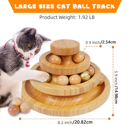 [Interactive Cat Ball Track] 3 Layer Tower Interactive Cat Ball Track | Natural Bamboo Wood with 9 Detachable Balls, Teasing Stick, DIY Circle Toys - Suitable for Kitten's Self-Hi, Boredom, Exercise, Educational Pet Toys