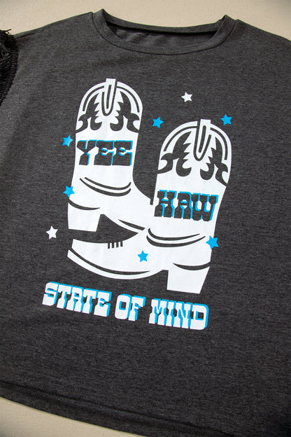 Carbon Grey YEE HAW Boots STATE OF MIND Fringed Sleeve Tee