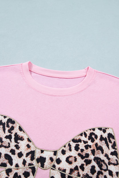 Pink Leopard Bow Embroidered Cotton Round Neck T Shirt