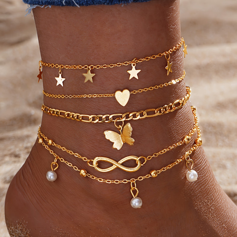Bohemian Chic 4-Piece Anklets Set, Golden With Heart, Butterfly, Infinity & Star Charms, Faux Pearl Accents, Metal Anklets For Beach Party