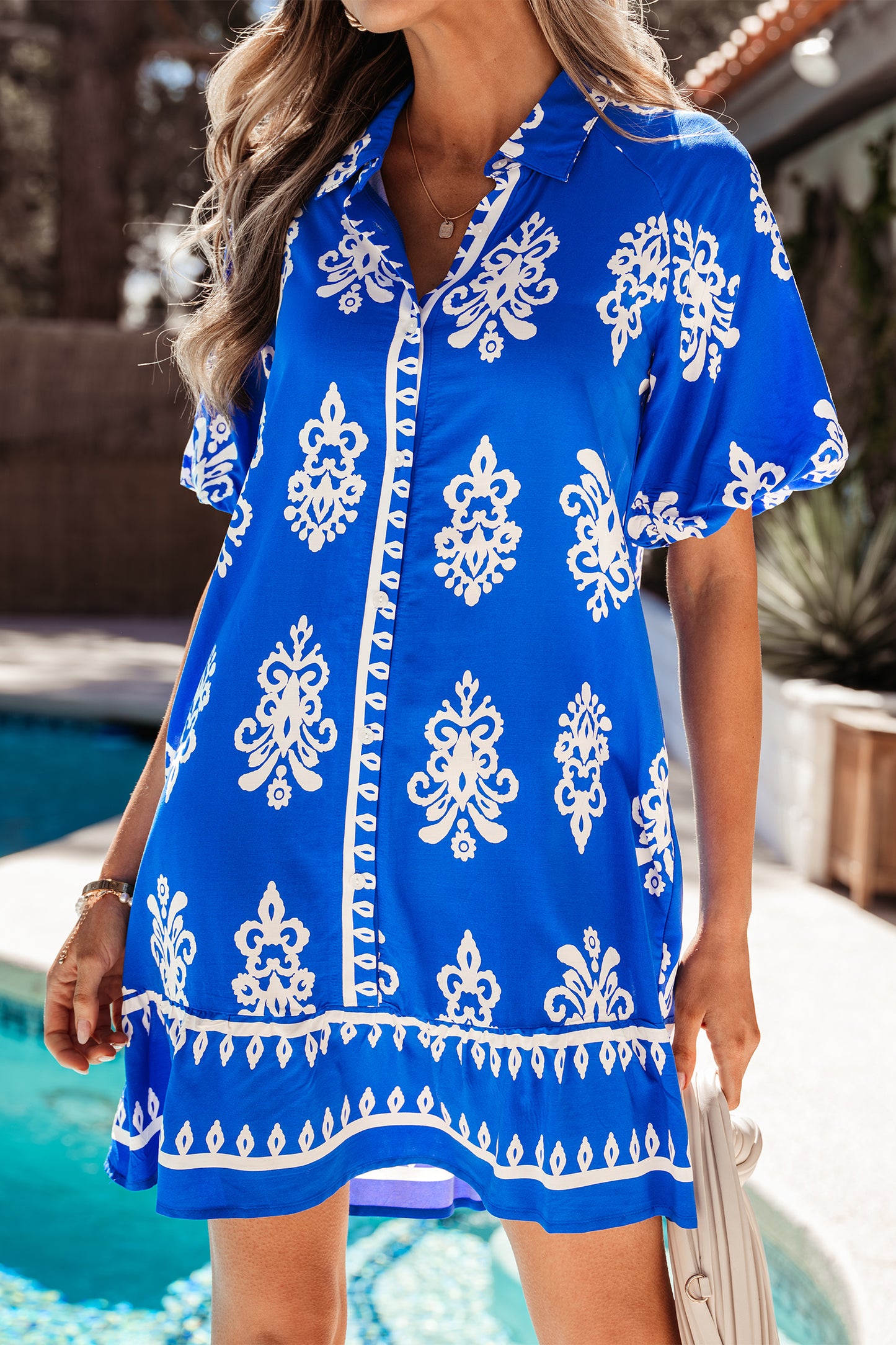Blue Ethnic Geometric Print Collared Button Front Short Puff Sleeve Mini Dress
