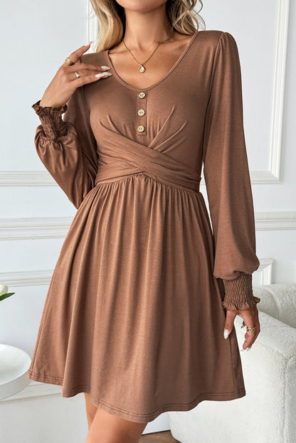 Dark Grey Shirred Cuff Long Sleeve Button Round Neck Mini Dress