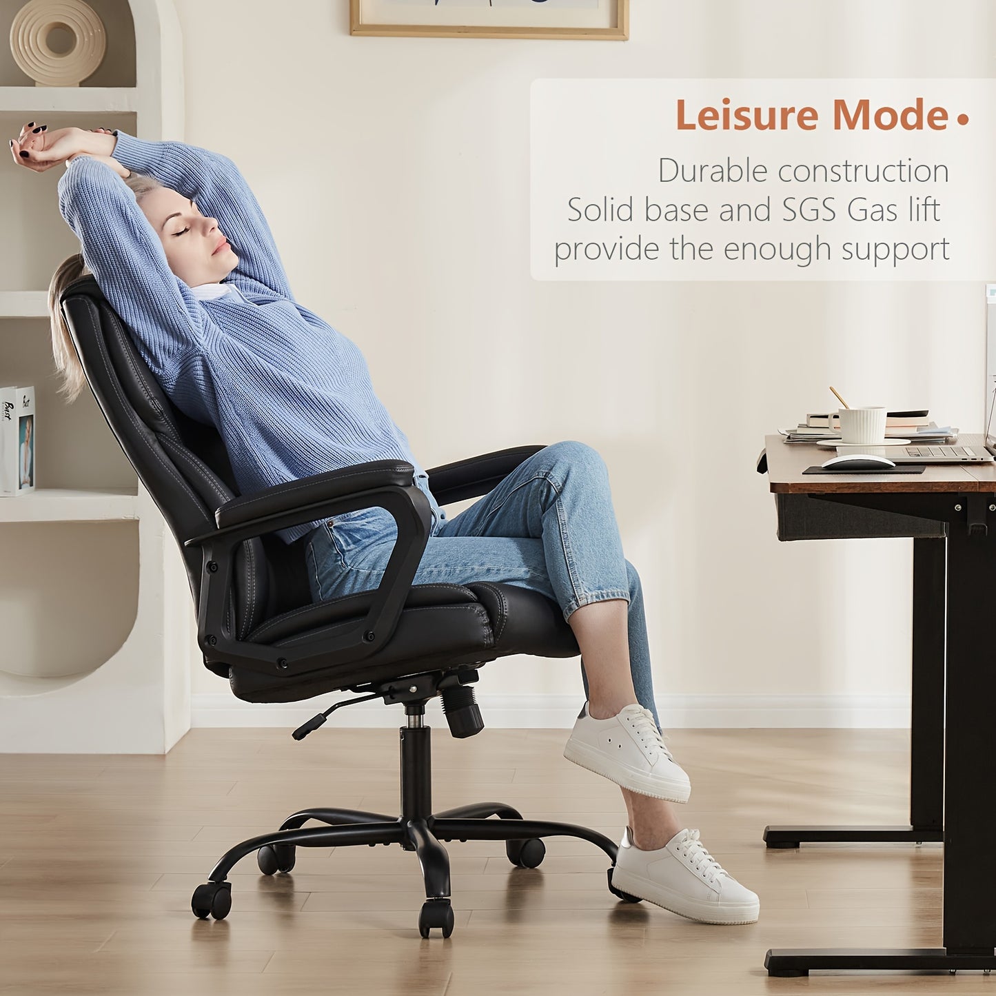 Home Office Chair, Adjustable Swivel Rolling Computer Gaming Chair with Fixed Armrests, Leather Lumbar Support Desk Chair with Wheels