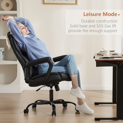 Home Office Chair, Adjustable Swivel Rolling Computer Gaming Chair with Fixed Armrests, Leather Lumbar Support Desk Chair with Wheels